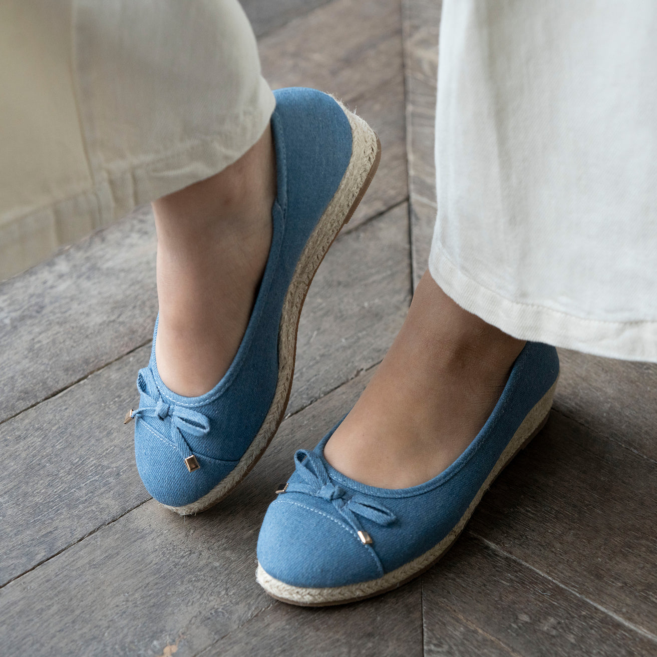 Ballerines Femme corde talon compensé Bleu