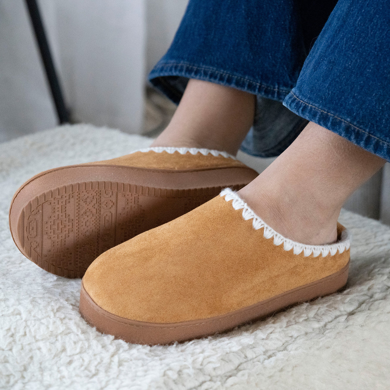 Chaussons mules Femme plateforme Camel liseré