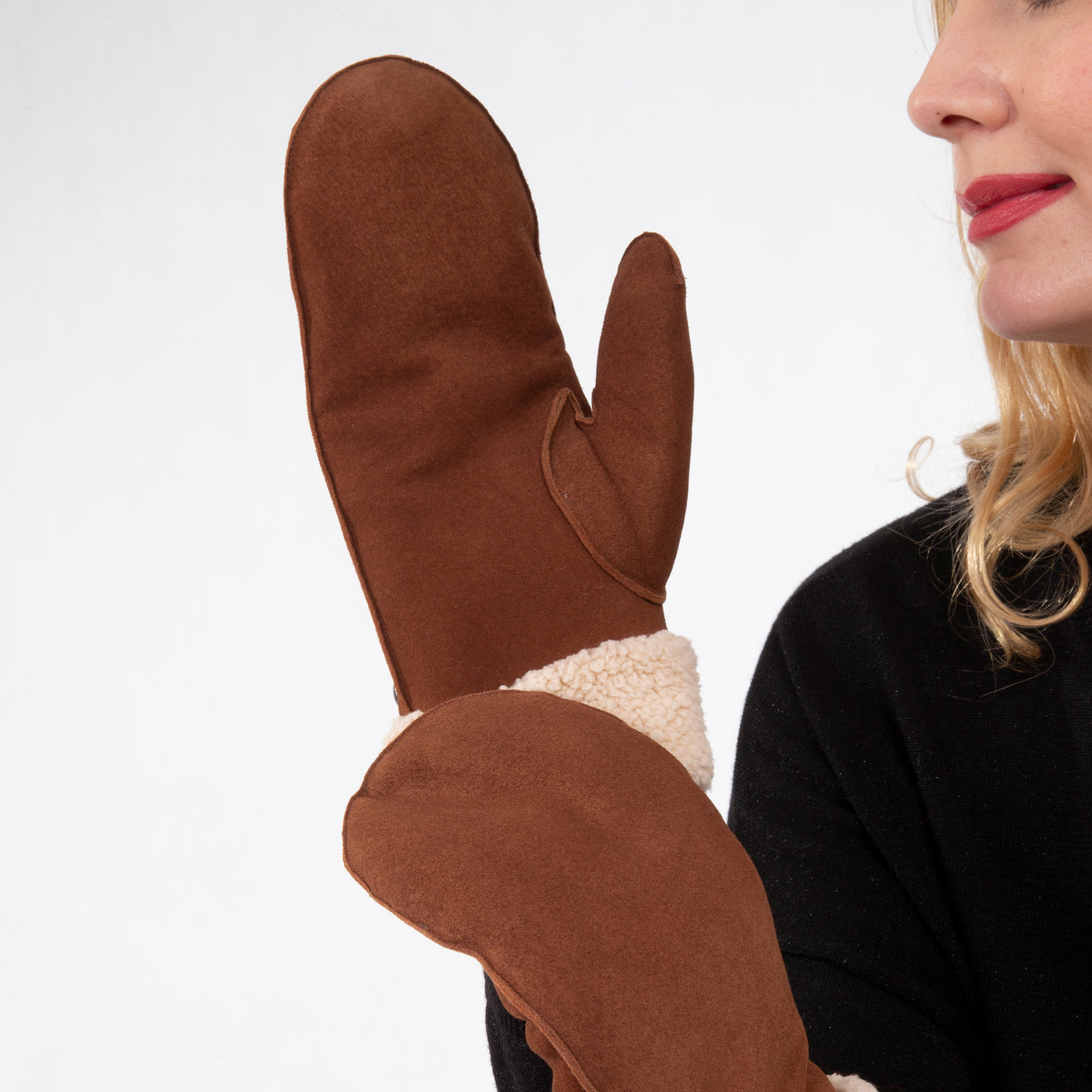 Moufles Femme en cuir imitation fourrure Cognac