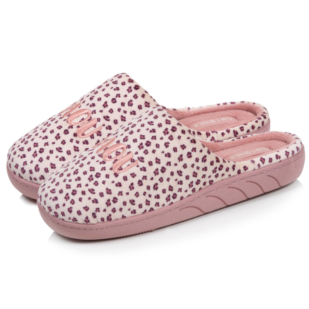 Chaussons Mules Junior Rose Velours Léopard - Isotoner