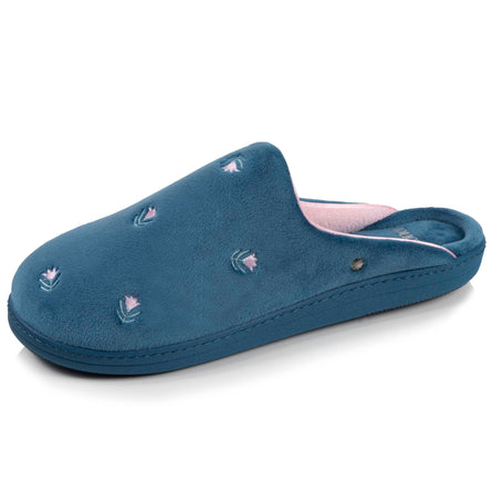 Chaussons mules Femme Bleu canard fleurs - Isotoner