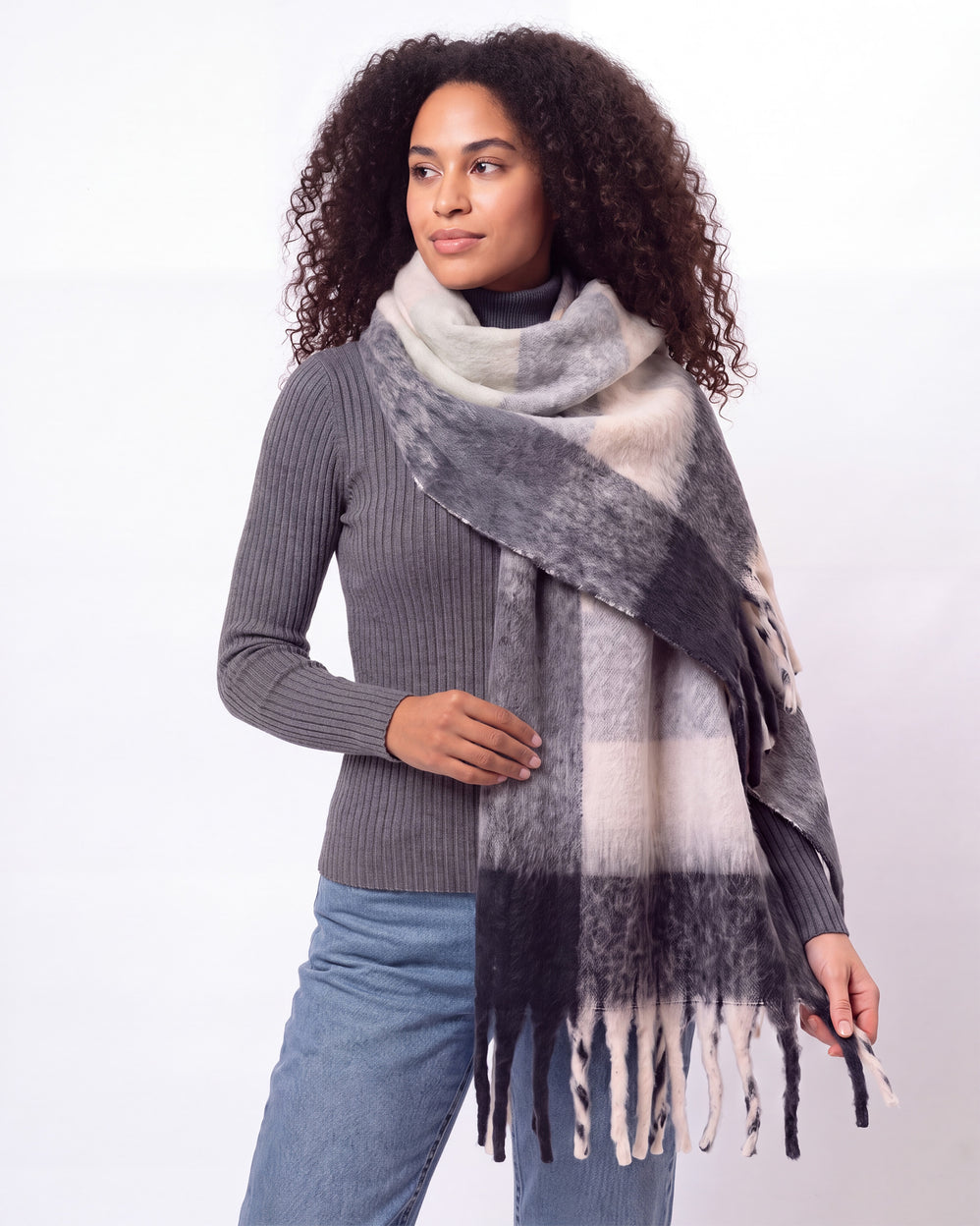 Écharpe plaid Femme avec franges Beige/Gris - Isotoner