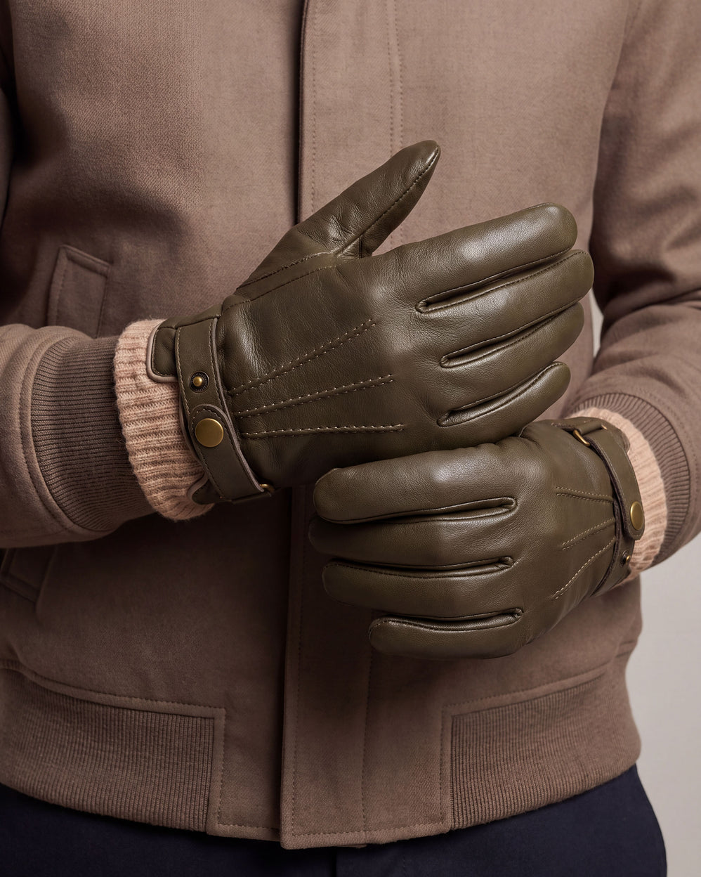 Gants Homme tactiles cuir/tricot Kaki - Isotoner