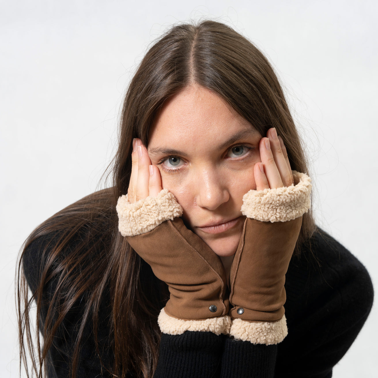Mitaines Femme en cuir et imitation fourrure Cognac