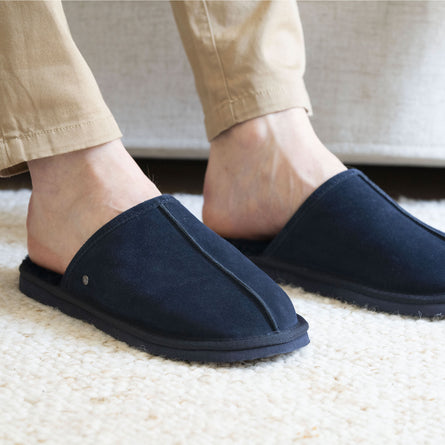 Chaussons mules Homme Cuir Marine fourrées - Isotoner