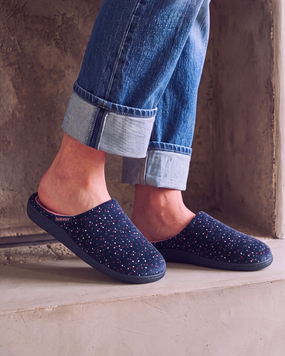 Chaussons Mules Femme Pois Marine - Isotoner