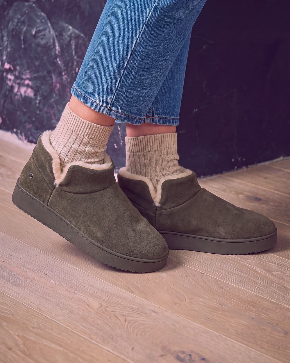 Chaussons botillons cuir Femme Kaki - Isotoner