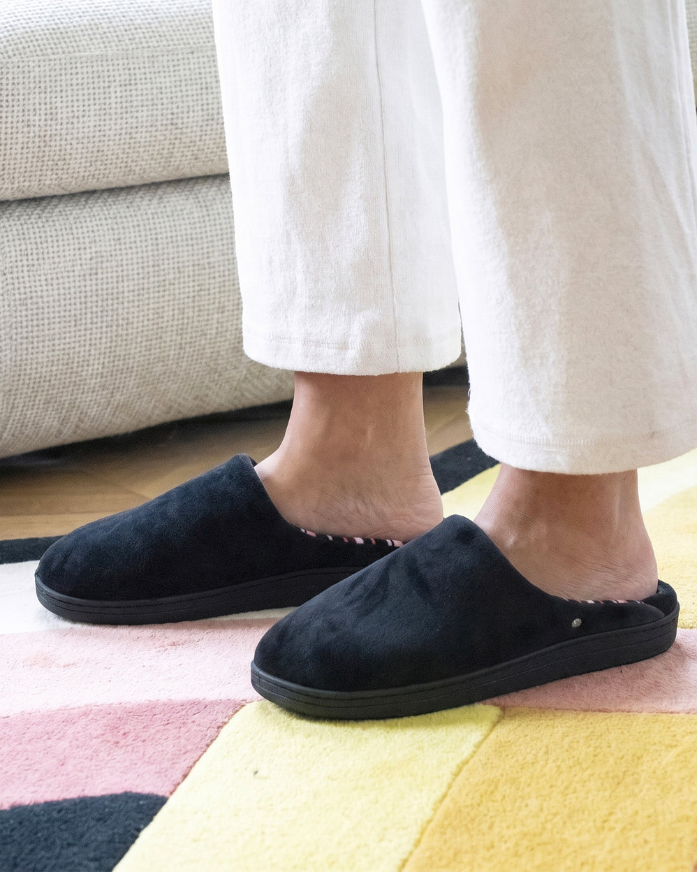 Chaussons Mules Femme Noir Rayures roses - Isotoner