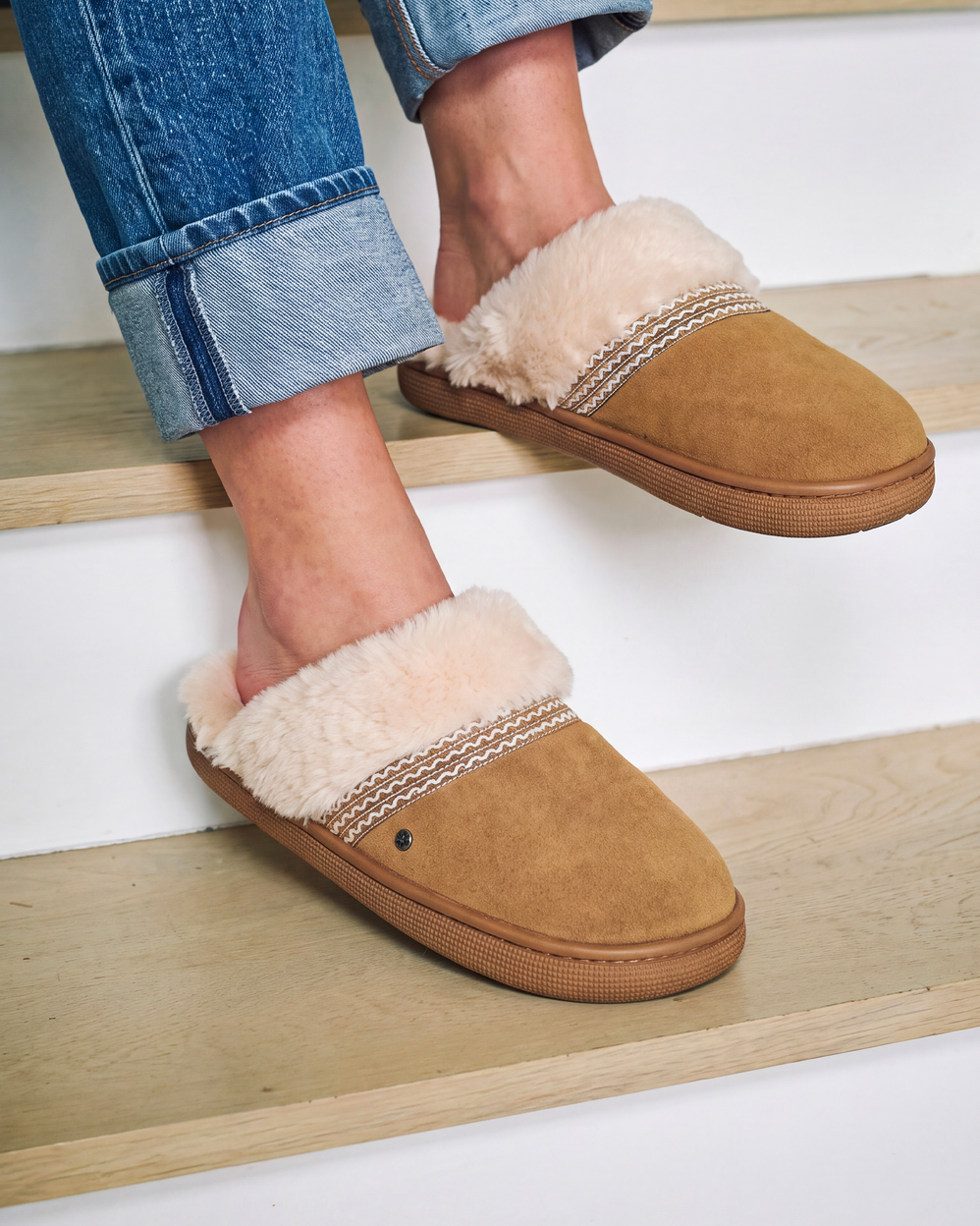 Chaussons Mules Femme BLOUP Camel liseré - Isotoner