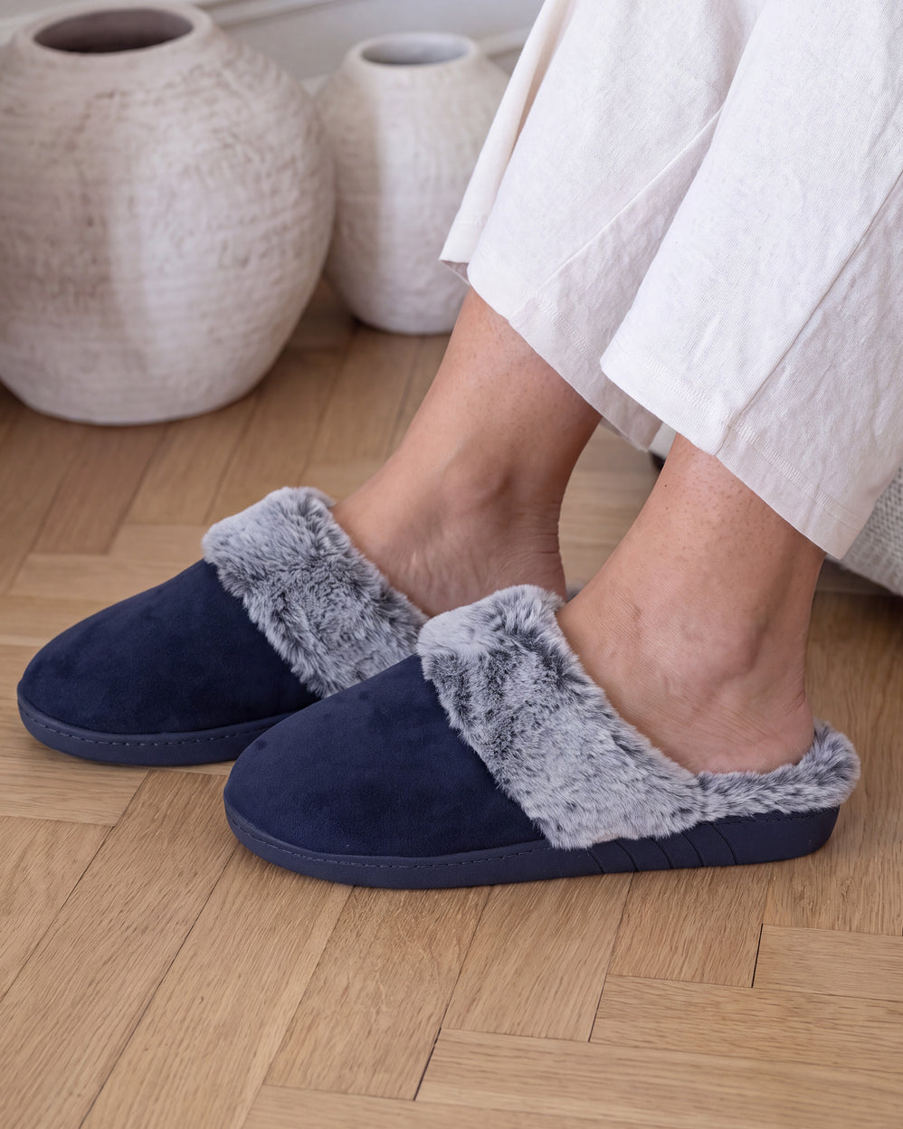 Chaussons mules Femme Bord fourré Marine - Isotoner
