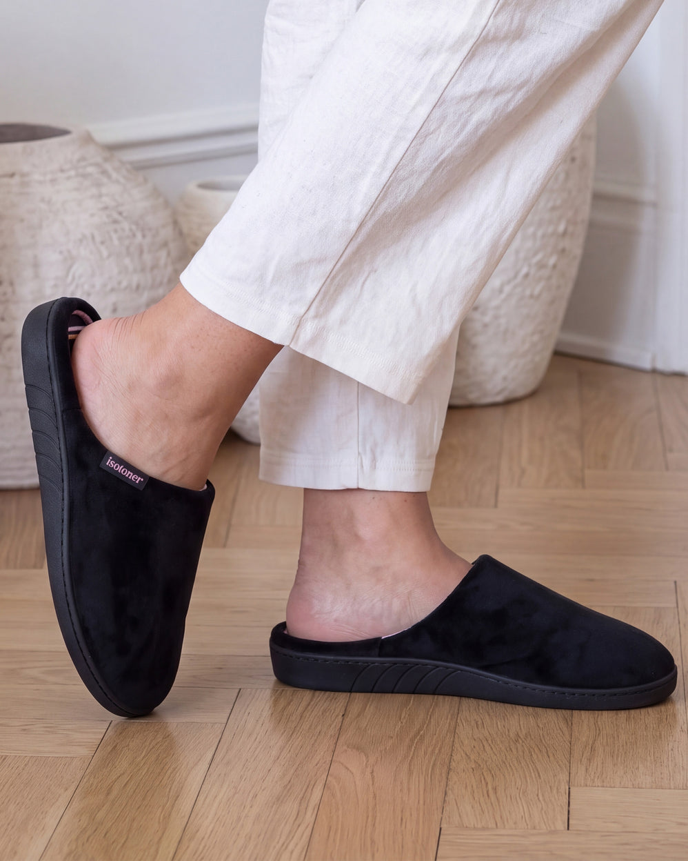 Chaussons mules Femme Noir rayures - Isotoner
