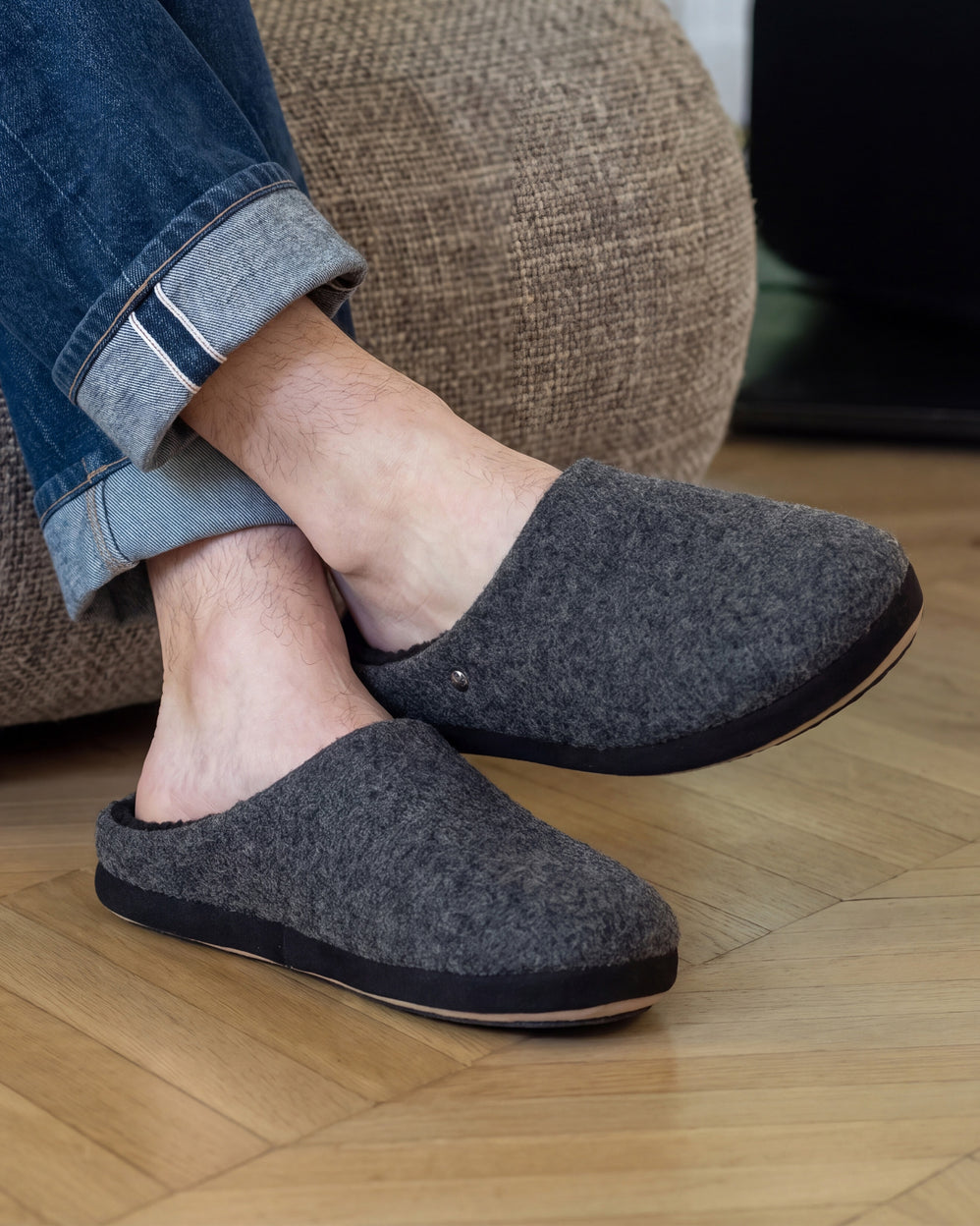 Chaussons mules Homme Noir feutrine chinée - Isotoner