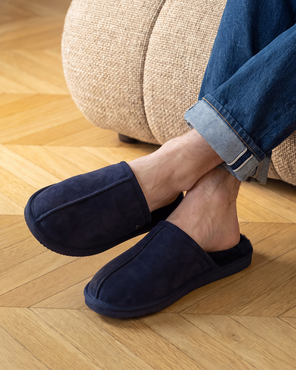 Chaussons mules Homme Cuir Marine fourrées - Isotoner