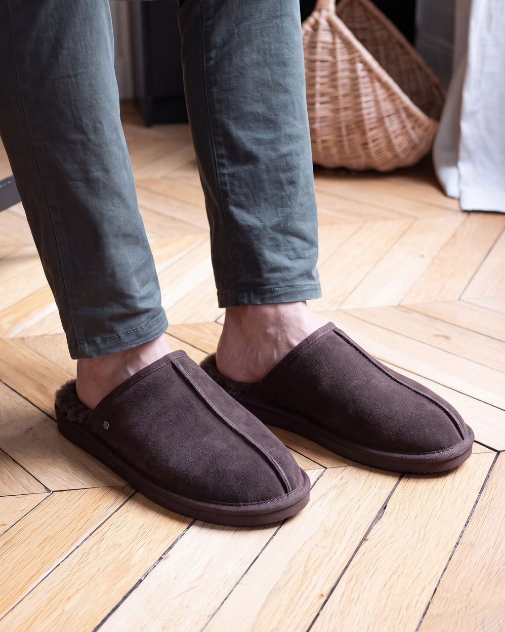 Chaussons Mules Homme Cuir Chocolat - Isotoner