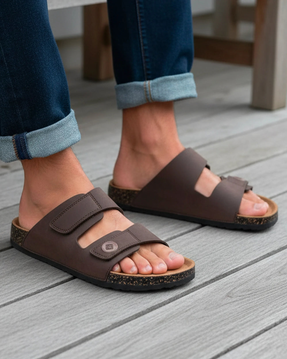 Mules sandalias Hombre Doble Correa Velcros Chocolate - Isotoner