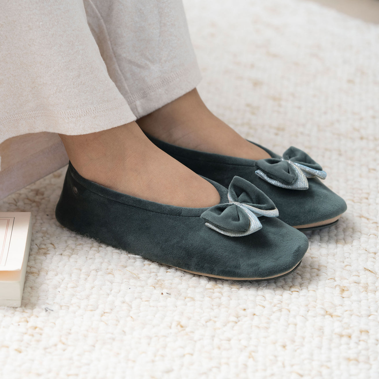 Chaussons ballerines Femme Double nœud Sauge