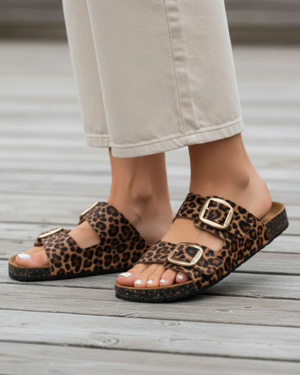 Mules sandalias Mujer Doble Correa cuero Leopardo - Isotoner