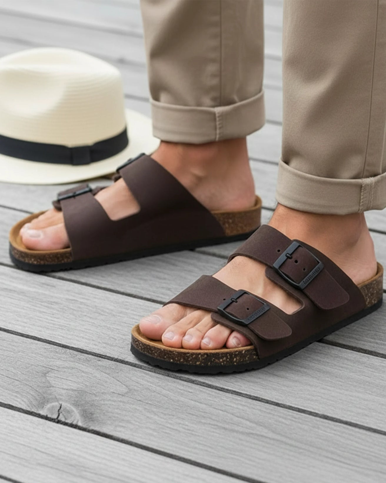 Mules sandalias Hombre Doble Correa cuero Marrón