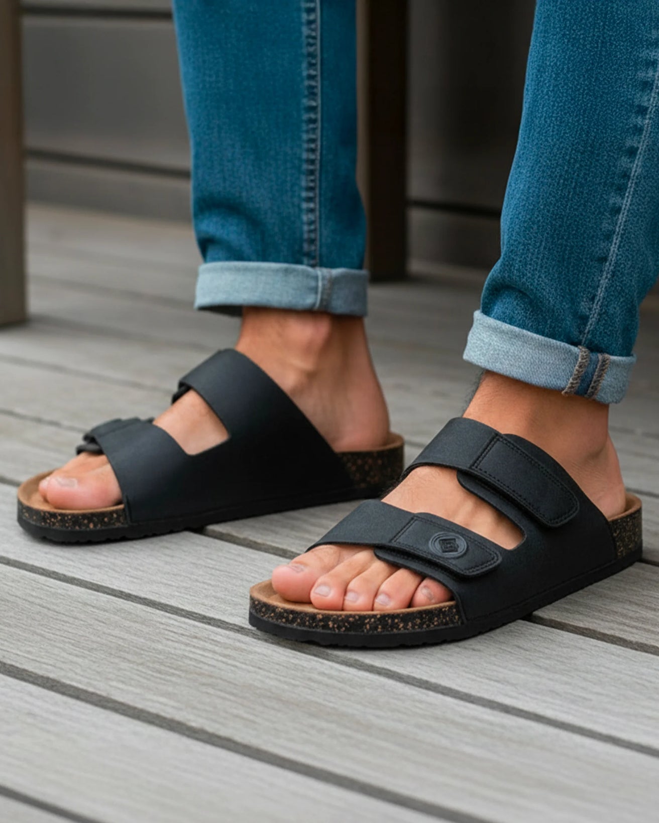 Mules sandales Homme double bride scratch Noir