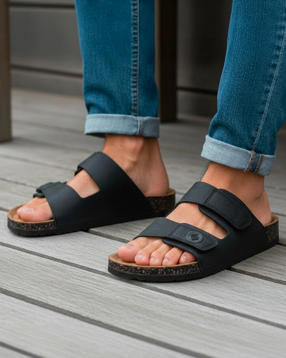 Mules sandalias Hombre Doble Correa Velcros Negro - Isotoner
