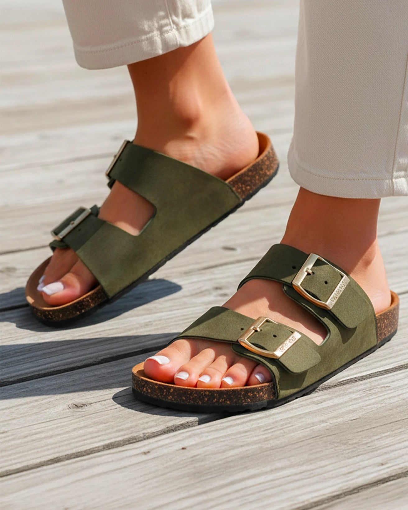 Mules sandales Femme double bride Kaki