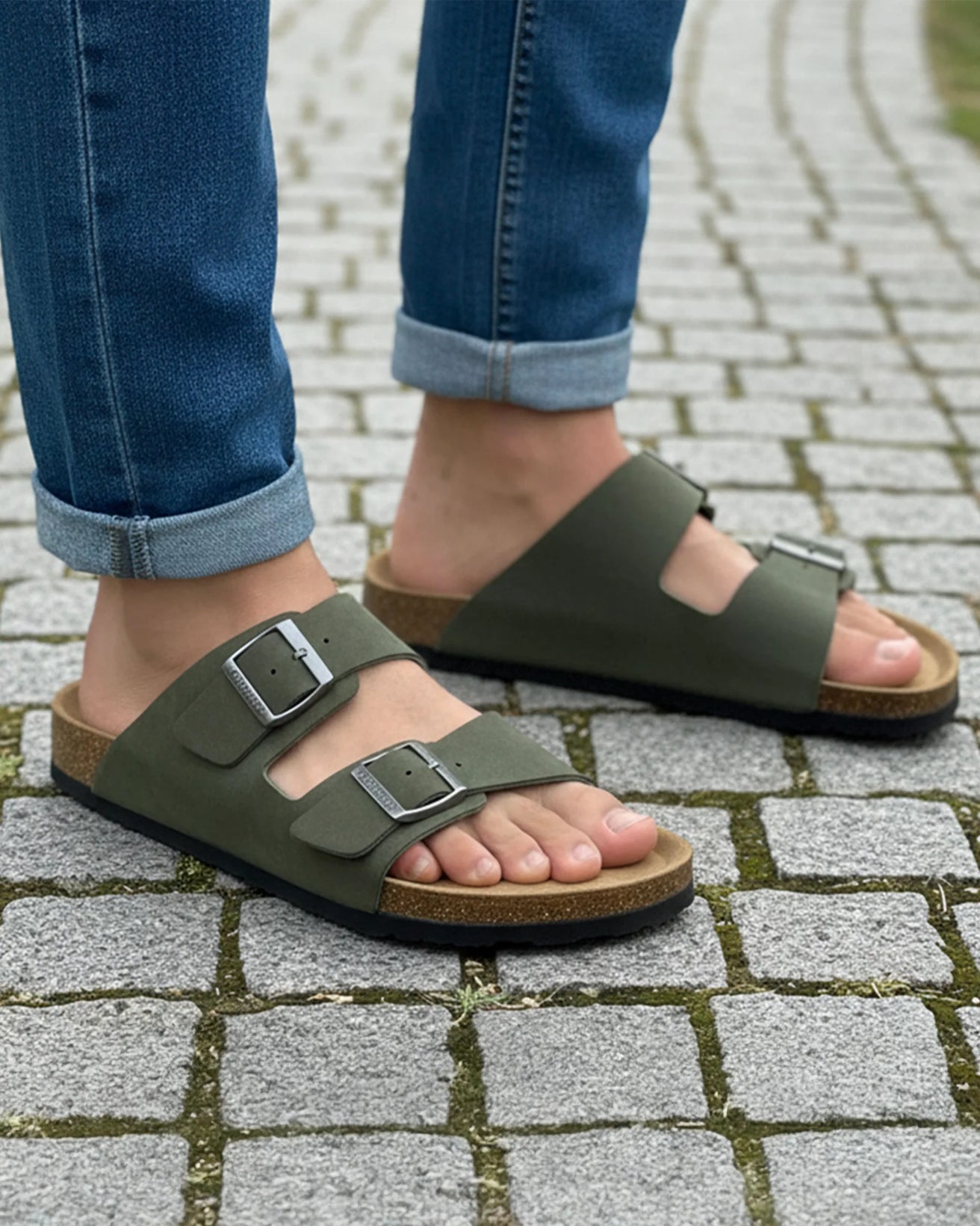 Mules sandales Homme double bride Kaki