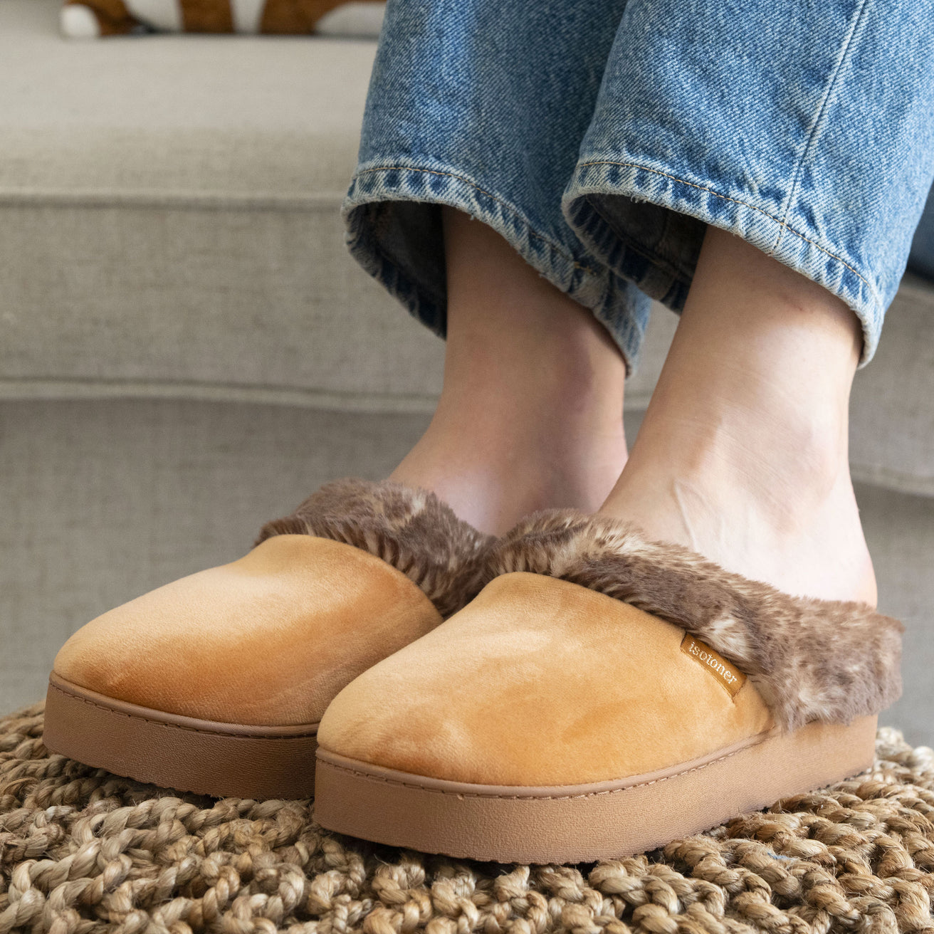 Chaussons mules Femme talon plateforme Camel