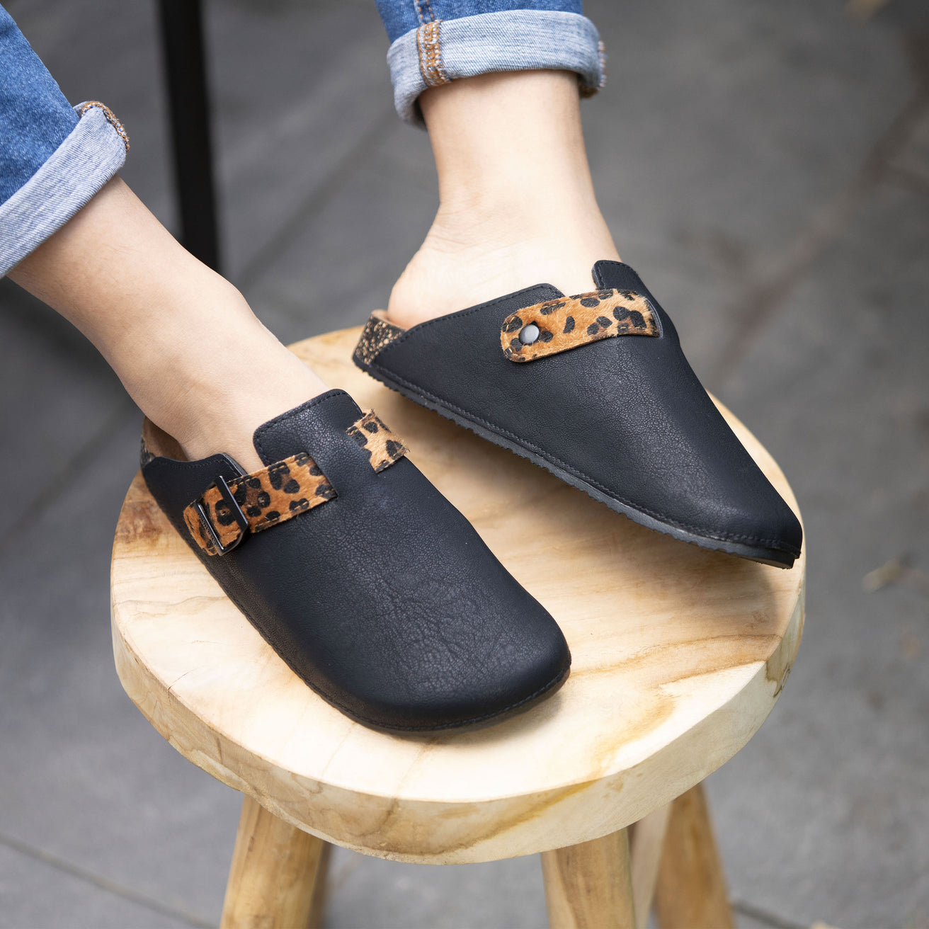 Mules Sabots Femme Noir Léopard